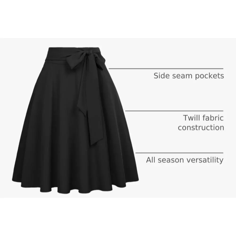 Belle Poque Black A-Line Midi Skirt Bow Tie Pockets Retro Pinup - WORN ONCE